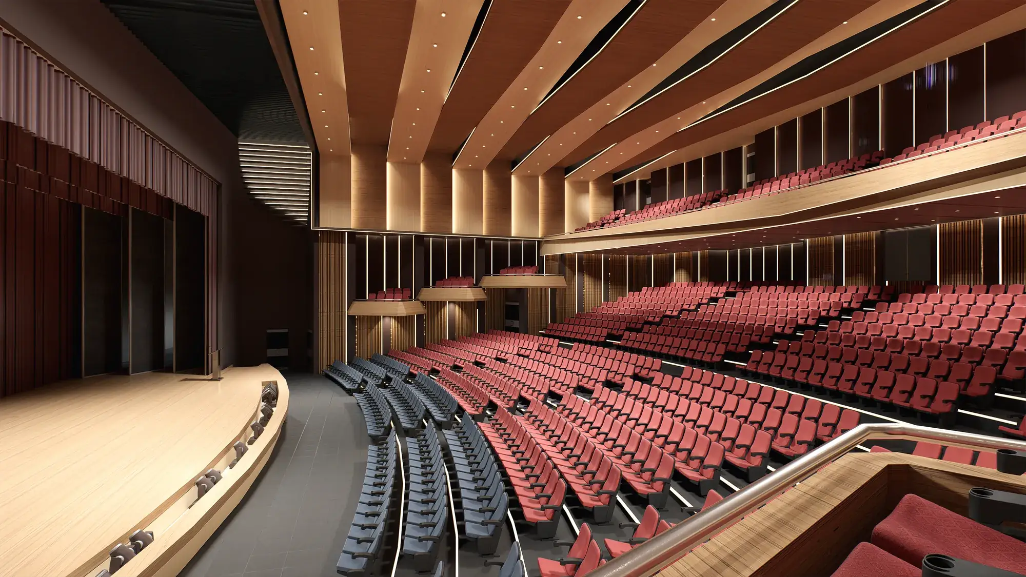 Interior of a municipal auditorium seating bowl with timber ceiling