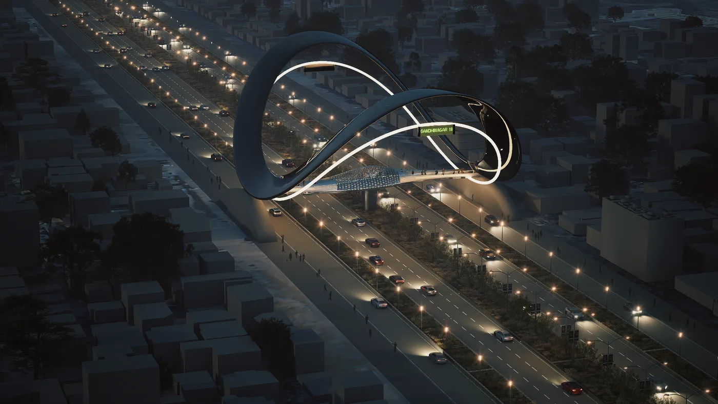 Illuminated infinity-loop city gateway at night over a boulevard, Ahmedabad