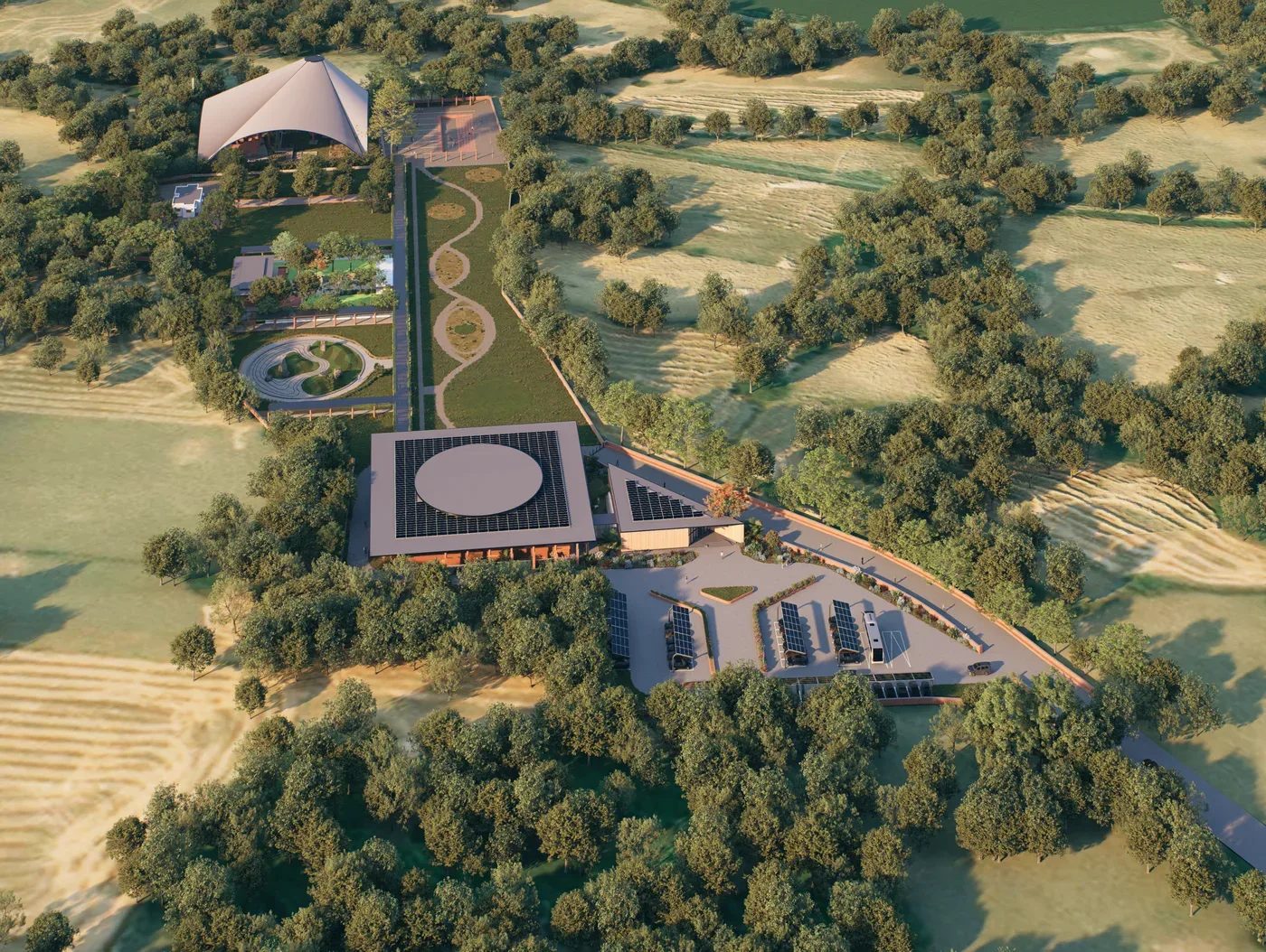Aerial overview of the ASI Eran museum site with its tensile-canopy exhibit pavilion and gardens