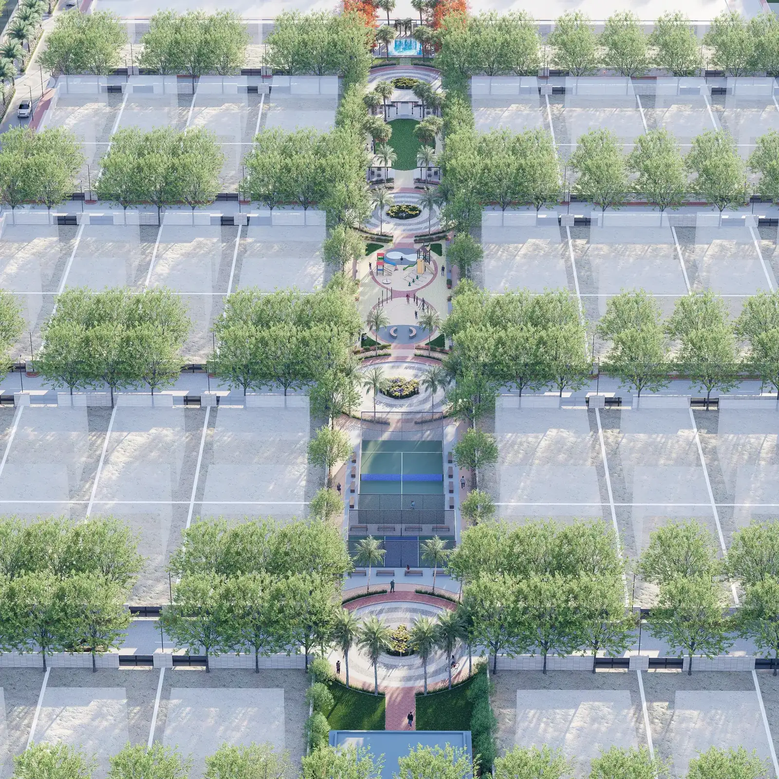 Aerial view of an axial residential township masterplan with a central fountain