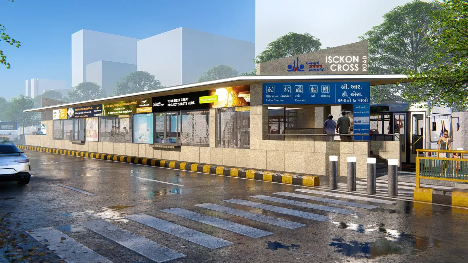 BRTS bus stand at night with digital wayfinding