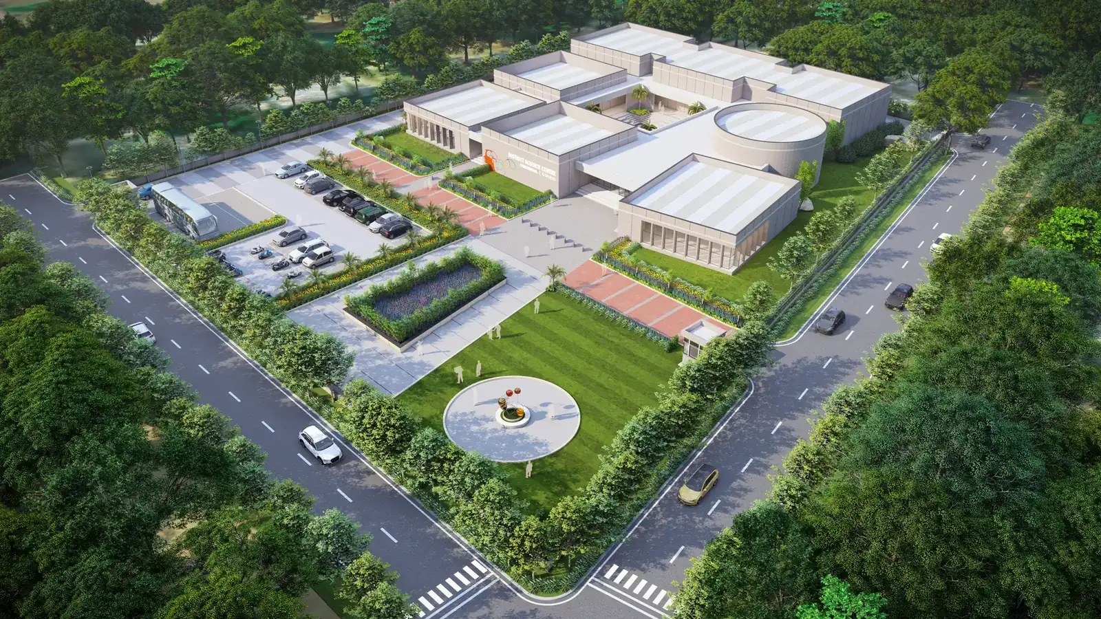 Aerial view of the District Science Centre, Panchmahal, showing the courtyard pavilion campus