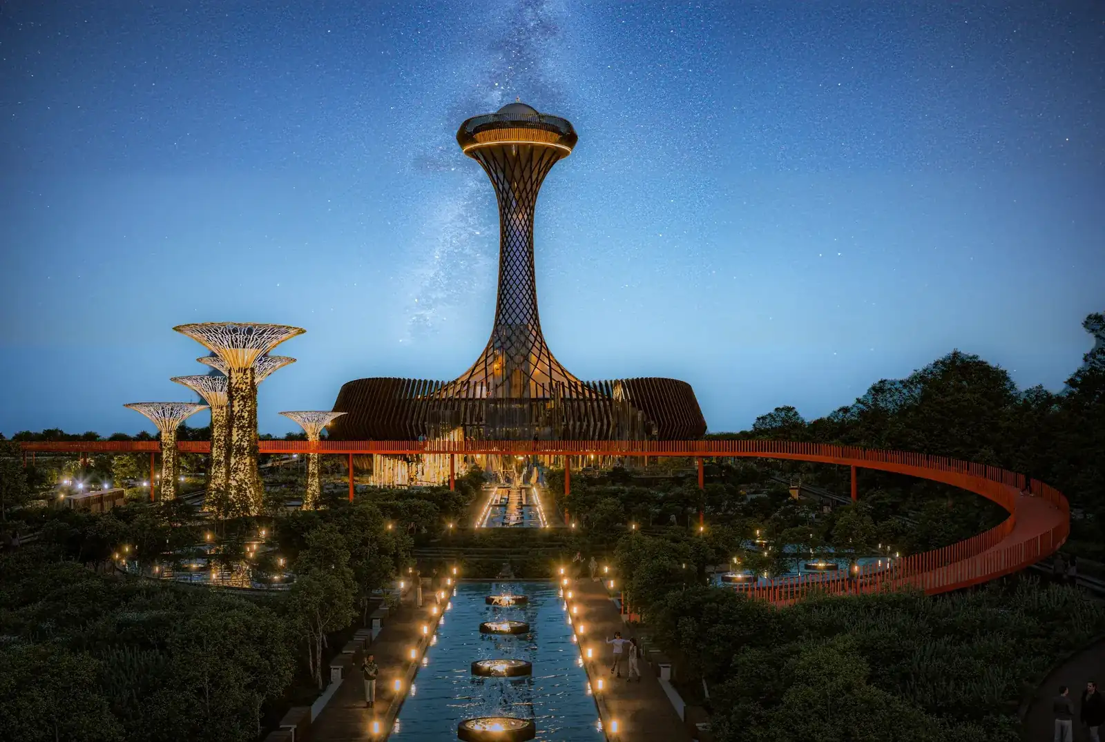 Iconic sculptural landmark tower at night with long-exposure light trails, Nava Raipur