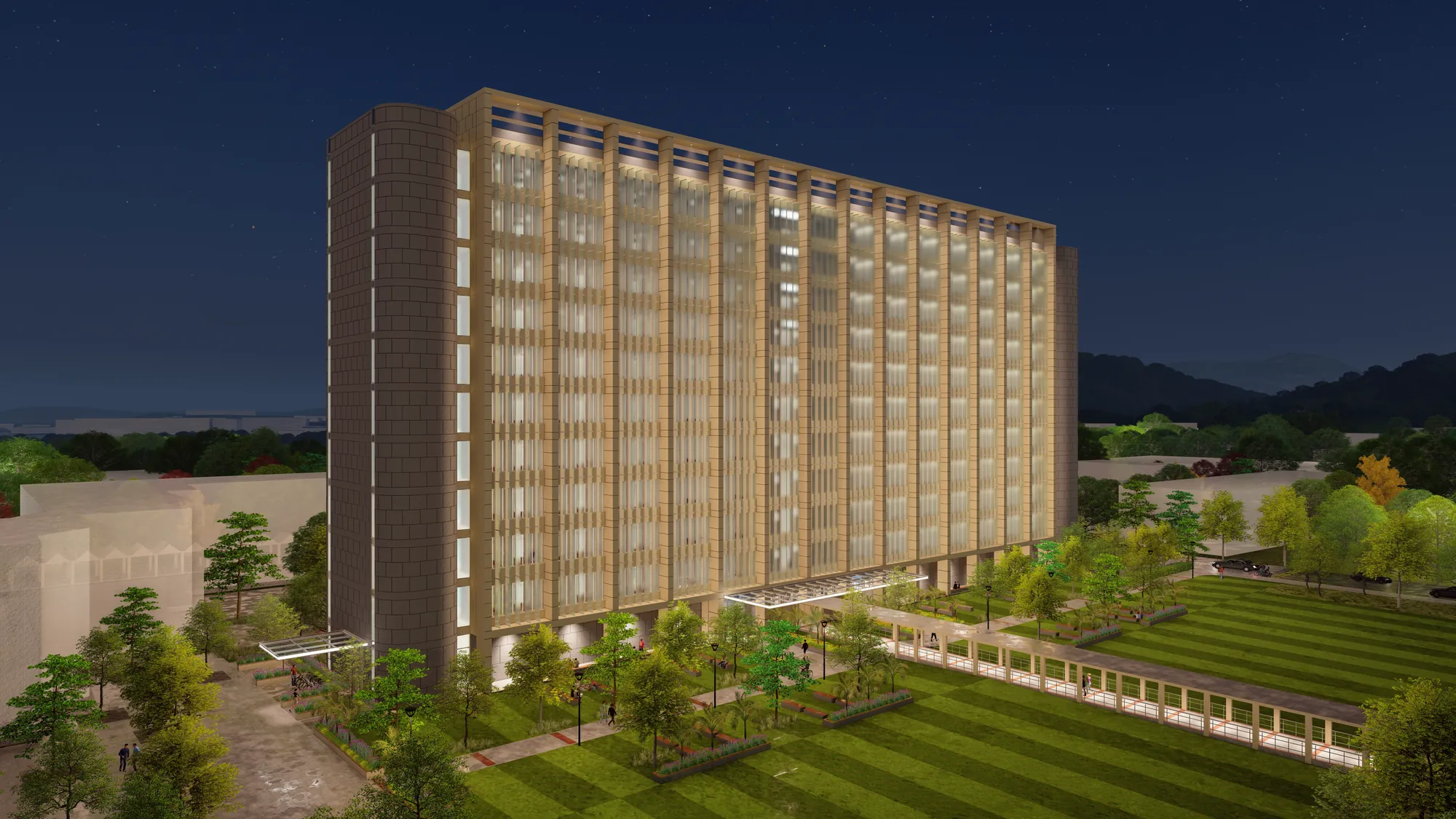 Night exterior render of an IIT Bombay academic block tower