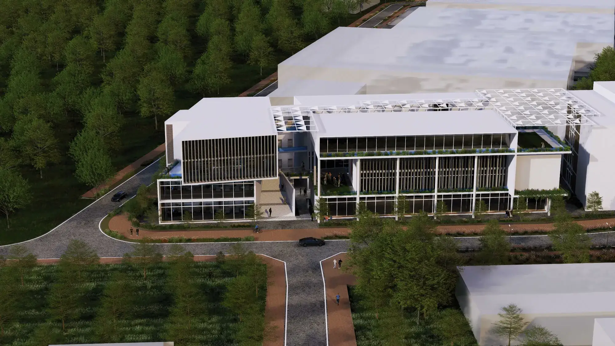 Aerial view of the IIT Indore campus masterplan with a continuous green axial mall