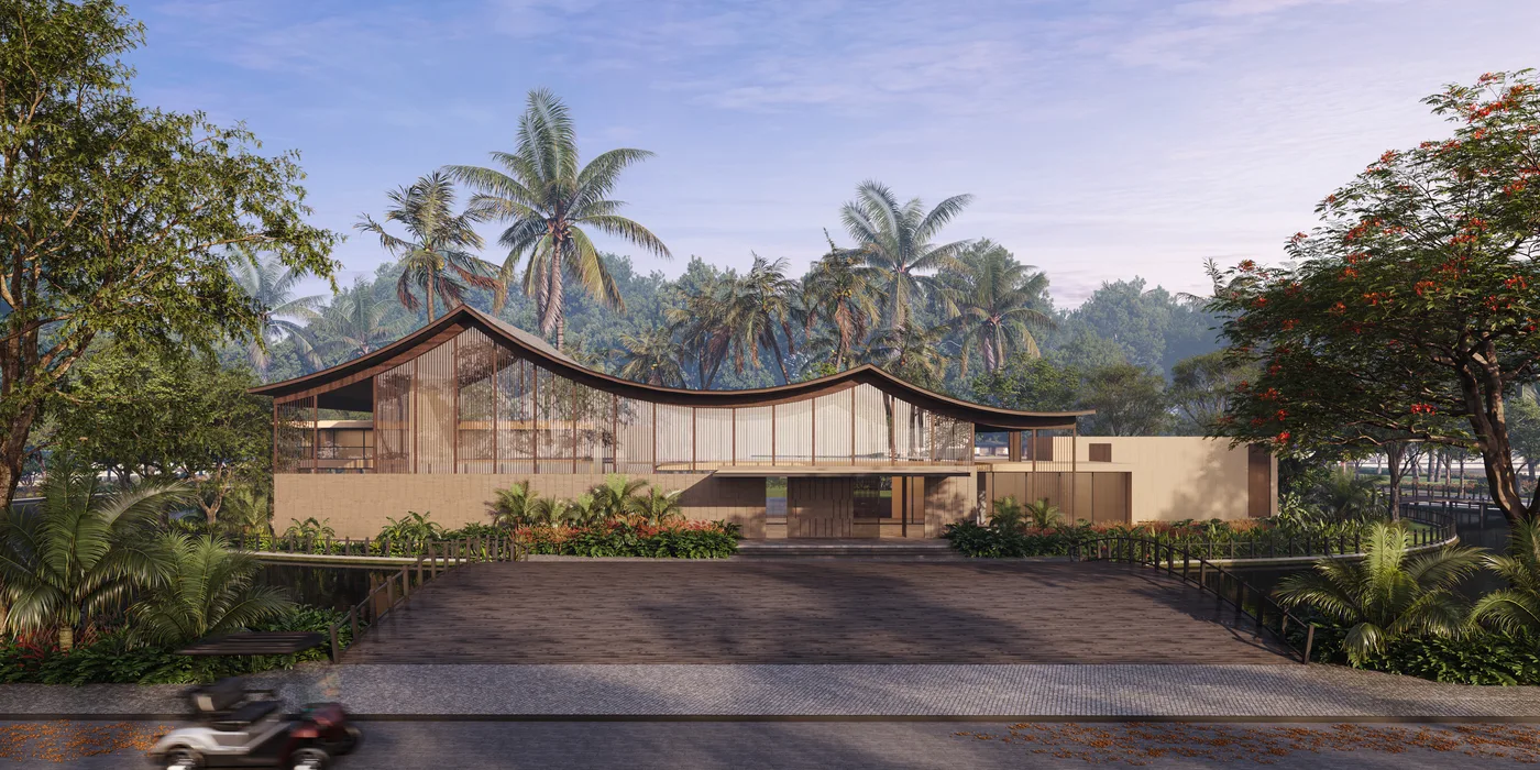 Kalyan Gadh club house approached across the water with a sweeping timber roofline