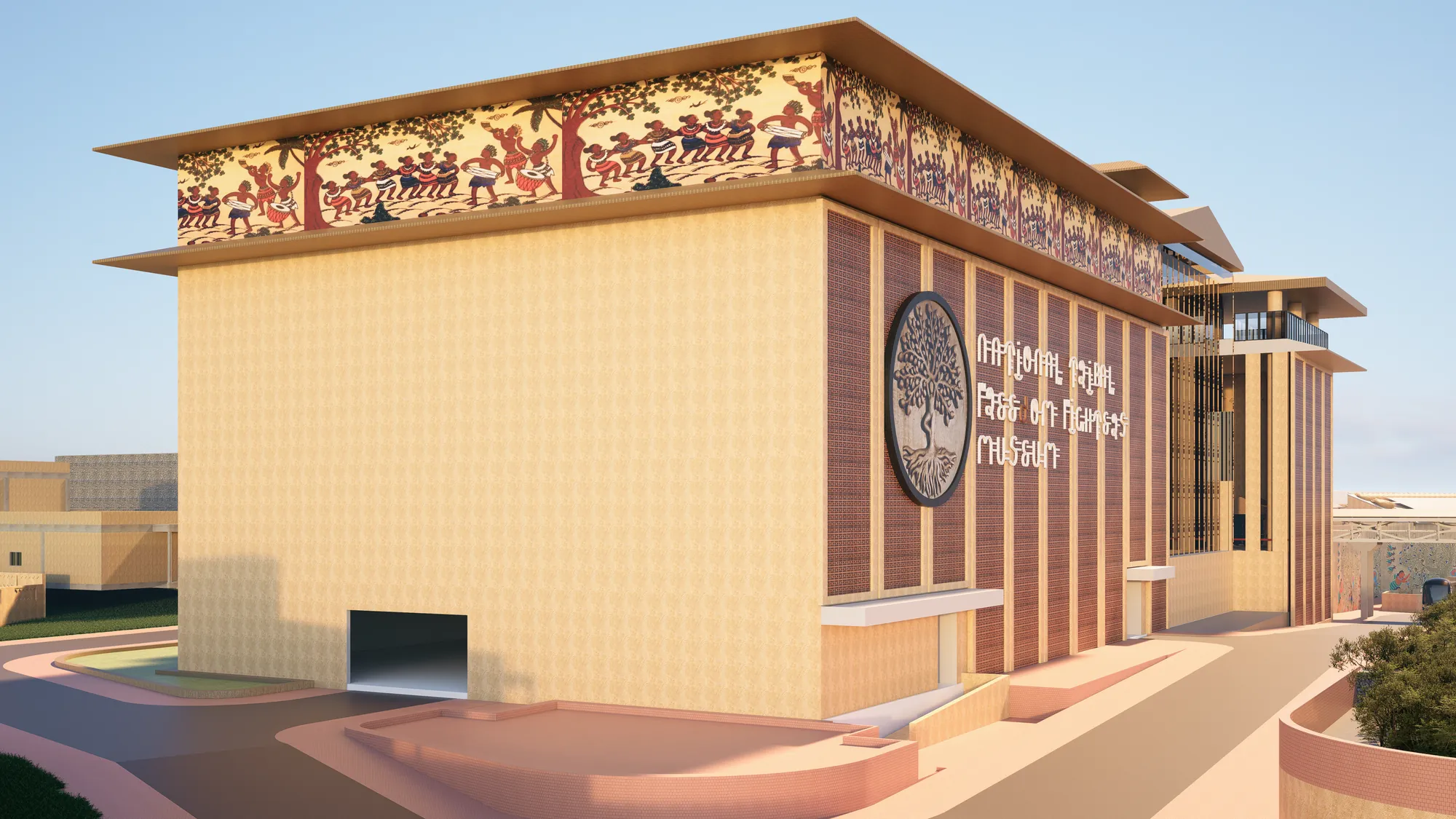 Tribal museum exterior in Garudeshwar showing terracotta jali facade with tribal motif detailing