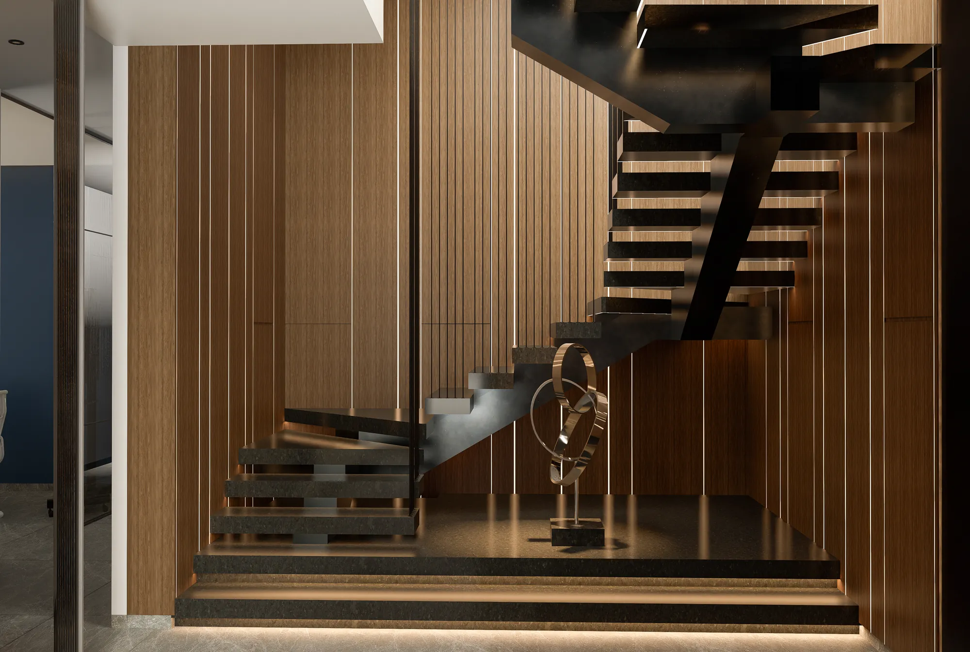 Sculptural staircase in a warm timber lobby interior, Power Palazzo