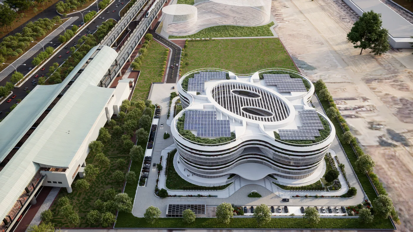 Aerial view of the Urban Bhavan civic office tower showing its four-lobed petal roof plan