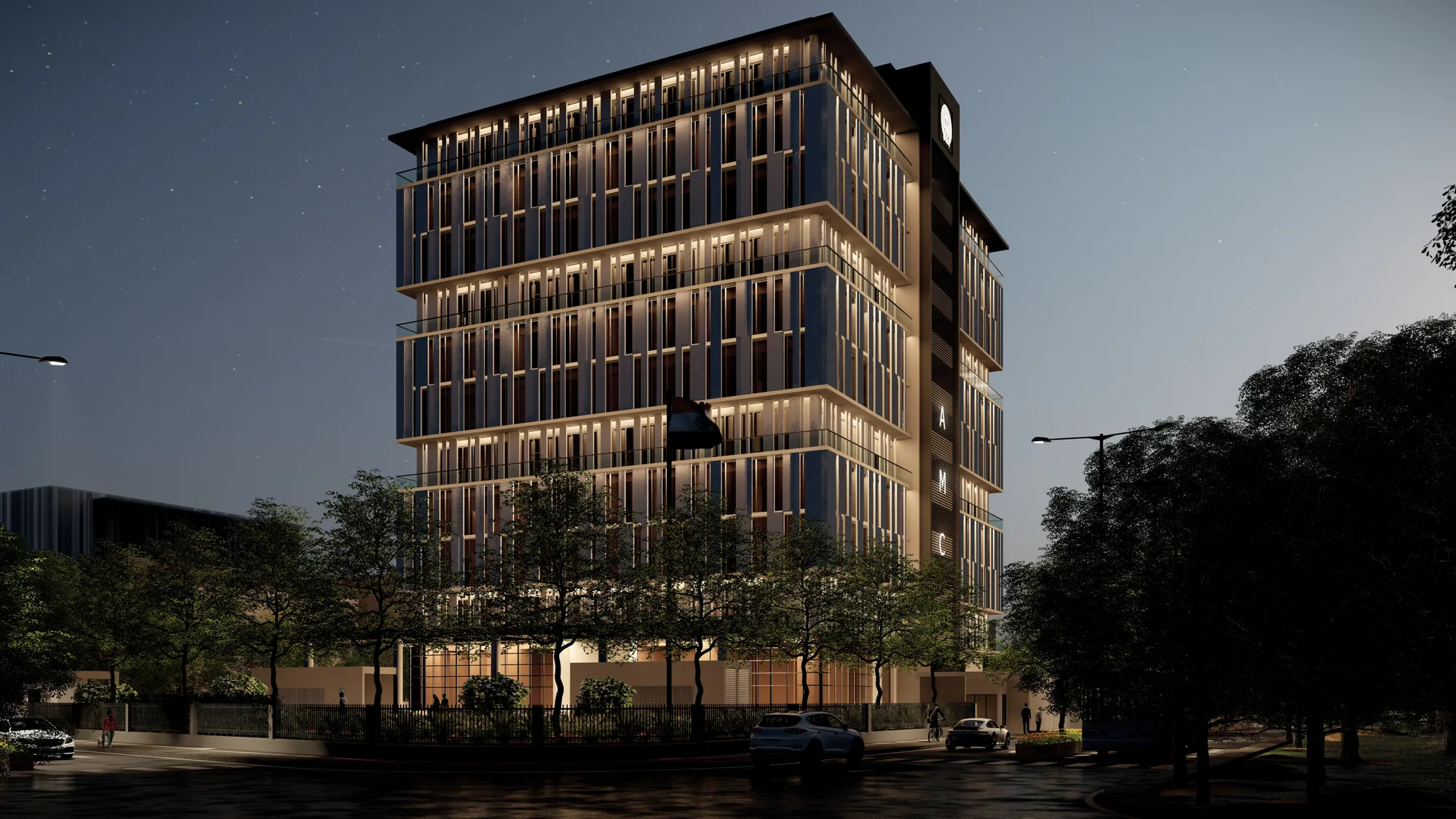 Night render of a dark contemporary residential high-rise, Urban House